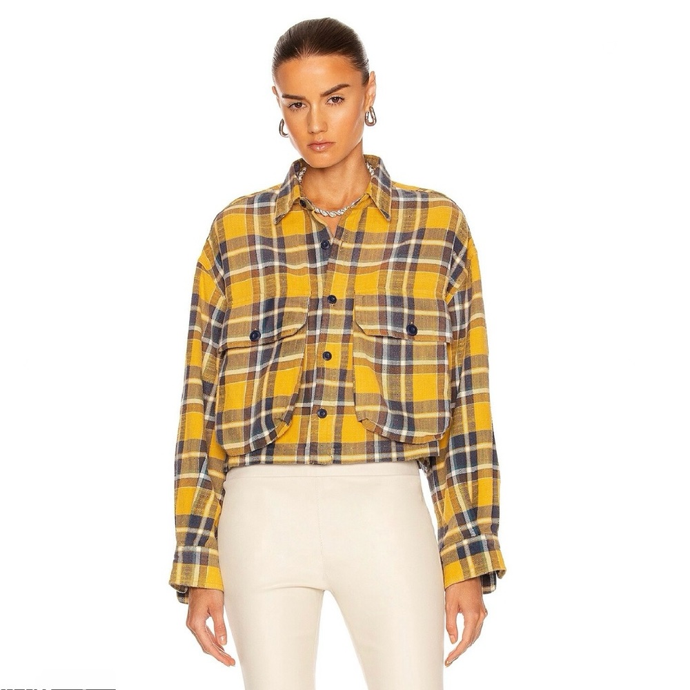 R13 Cropped Plaid Flannel Shirt